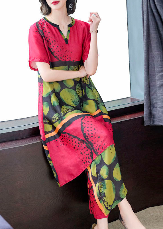 Red Print Tops and Pants Silk Two Pieces Set Summer Tf1021