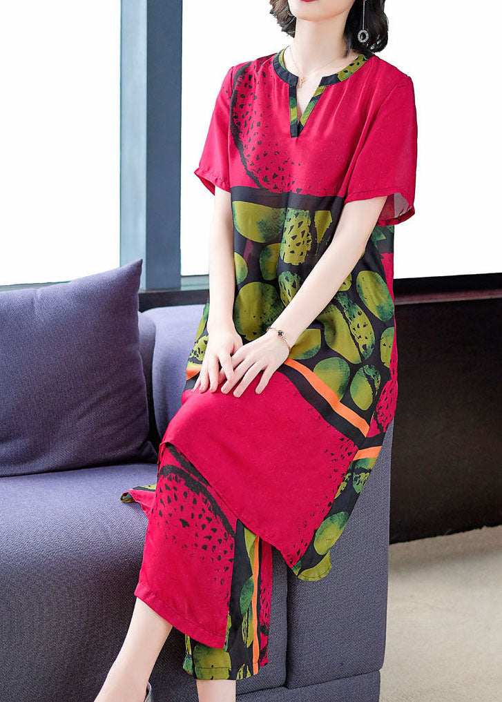 Red Print Tops and Pants Silk Two Pieces Set Summer Tf1021
