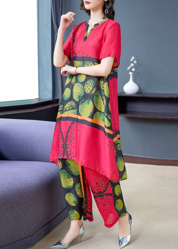 Red Print Tops and Pants Silk Two Pieces Set Summer Tf1021
