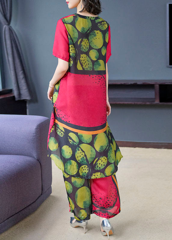 Red Print Tops and Pants Silk Two Pieces Set Summer Tf1021