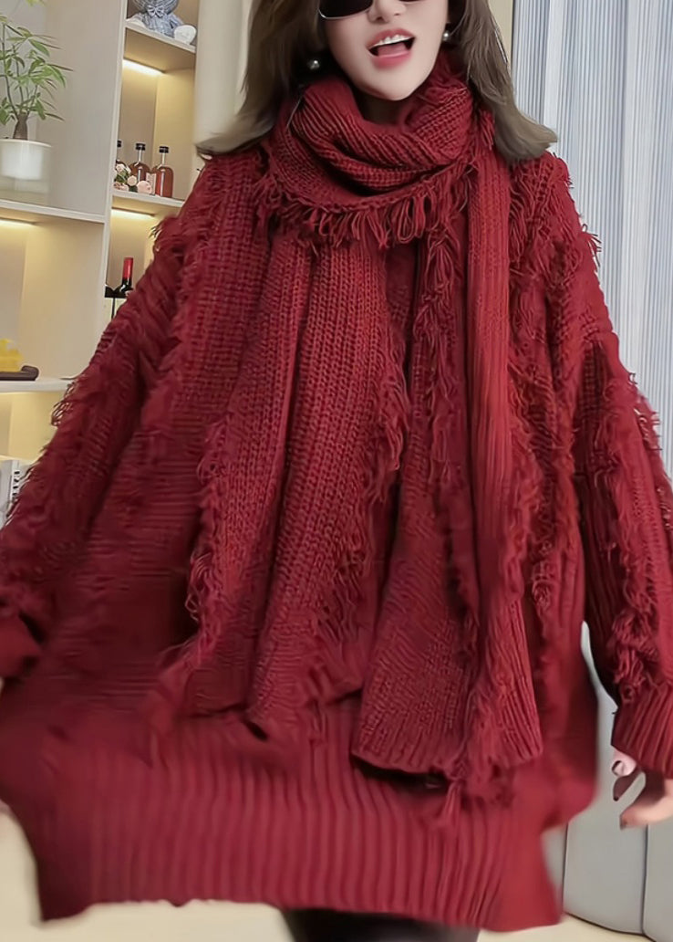 Red Tassel Patchwork Knitted Sweaters Spring Tn030