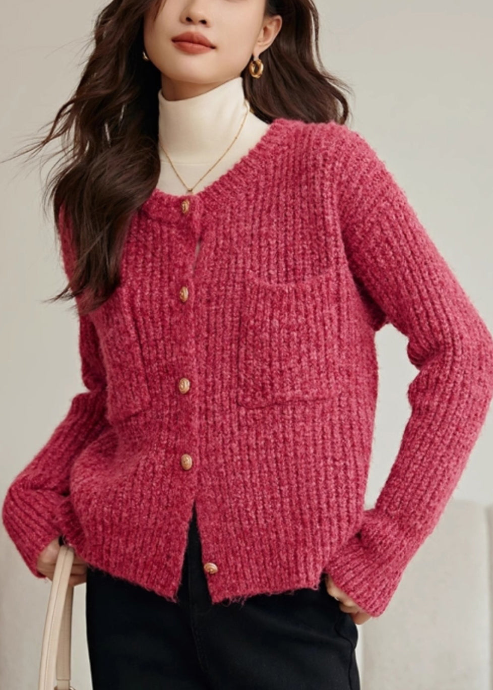 Rose O Neck Button Pockets Cotton Knit Coat Spring Tf006