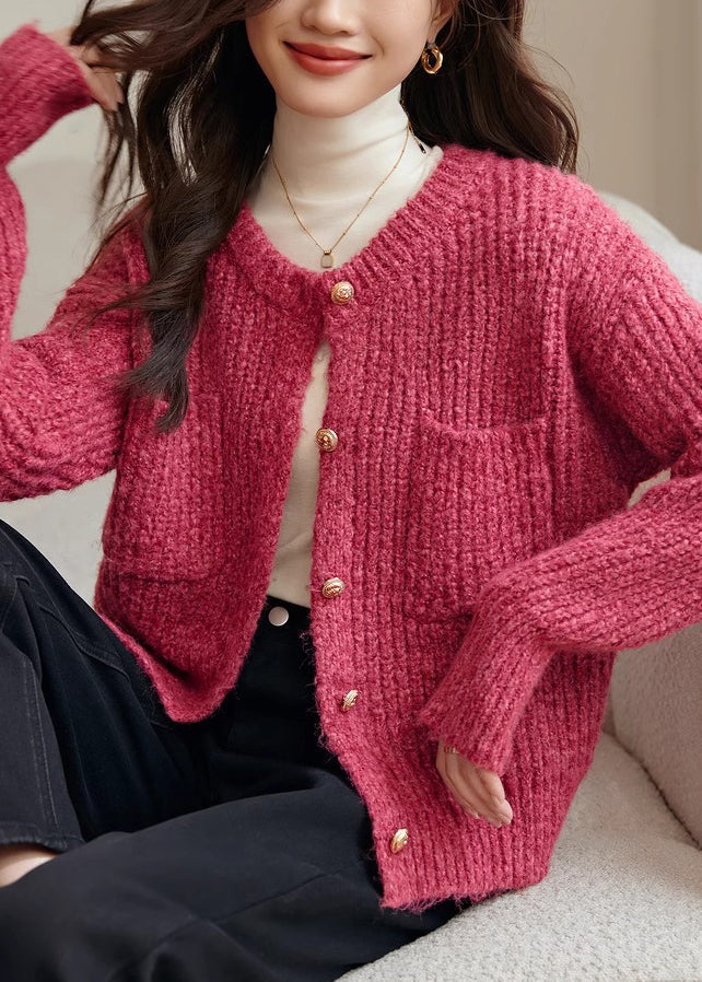 Rose O Neck Button Pockets Cotton Knit Coat Spring Tf006