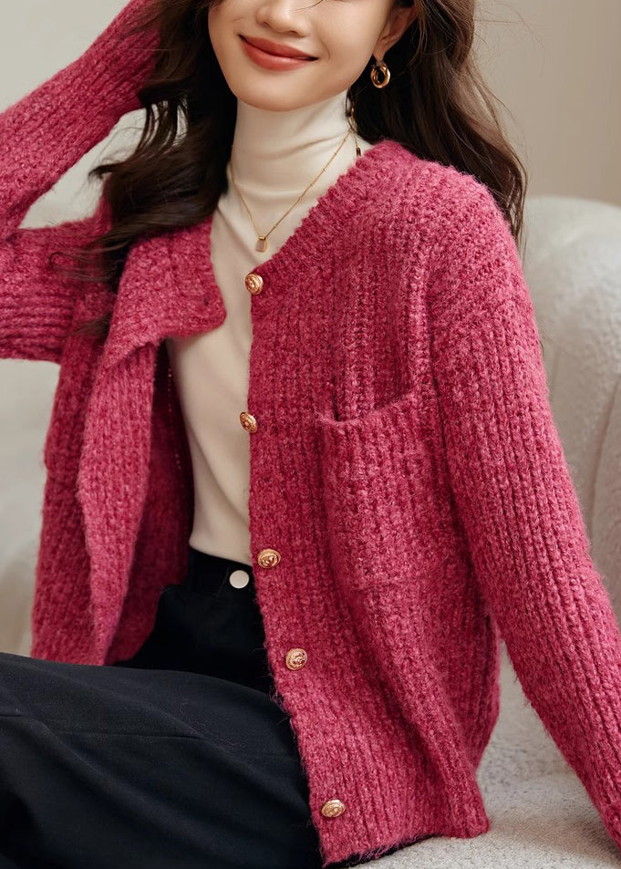 Rose O Neck Button Pockets Cotton Knit Coat Spring Tf006