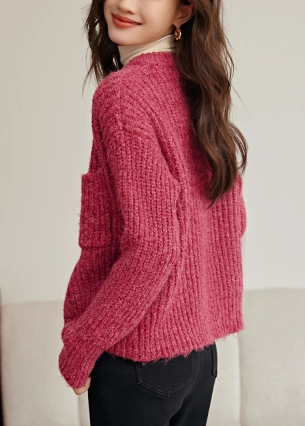 Rose O Neck Button Pockets Cotton Knit Coat Spring Tf006
