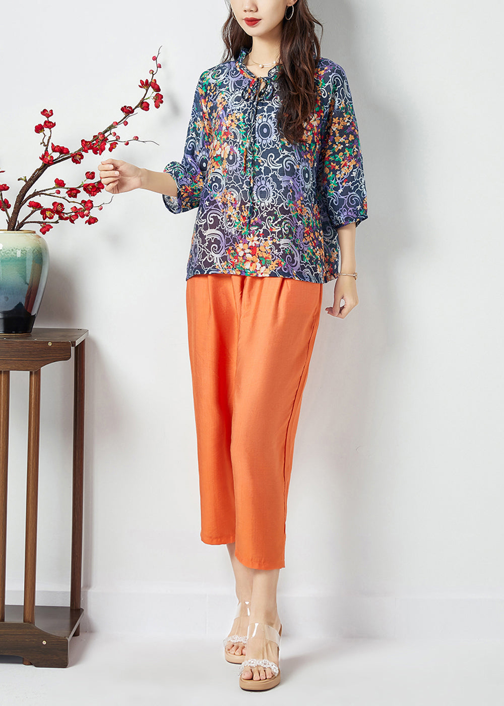 Ruffled Lace Up Print Cotton Tops and Pants Two Pieces Set Summer Lc0401