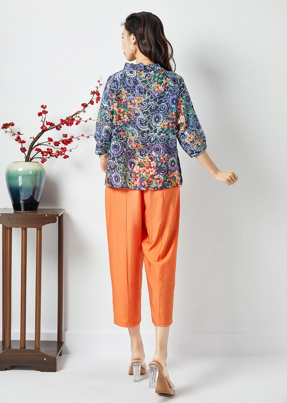 Ruffled Lace Up Print Cotton Tops and Pants Two Pieces Set Summer Lc0401