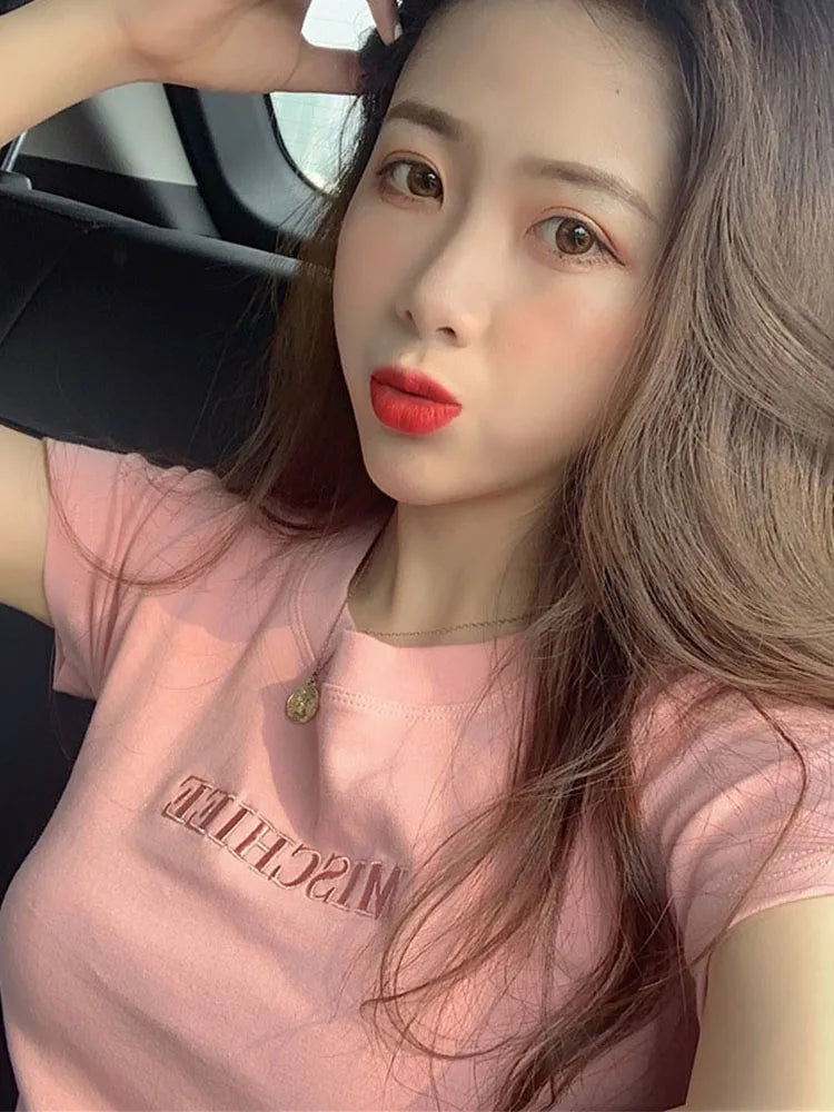 Short Sleeve Top Pure T-shirt Brand Letter Summer Embroidered Clothing Slim Cotton Pure Color Round Neck