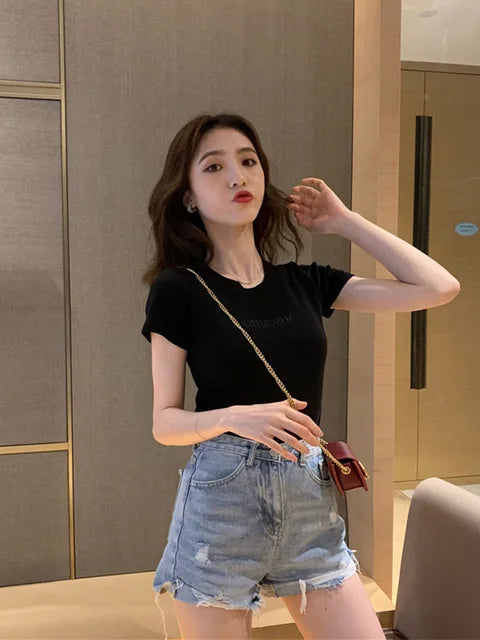 Short Sleeve Top Pure T-shirt Brand Letter Summer Embroidered Clothing Slim Cotton Pure Color Round Neck