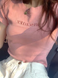 Short Sleeve Top Pure T-shirt Brand Letter Summer Embroidered Clothing Slim Cotton Pure Color Round Neck