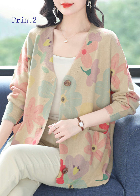 V Neck Print Pockets Woolen Cardigans Spring Tq022