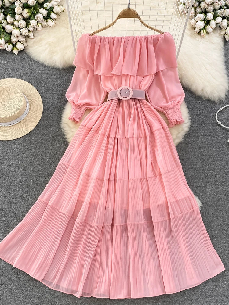 Off Shoulder Dress Chiffon Summer Sweet Lotus Leaf Edge Pleated Dresses Evening Party Long Dress