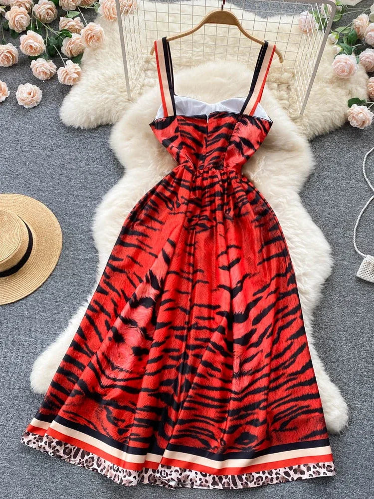 Party Dress Summer Leopard Print Three-dimensional Midi Dresses a Line High Waist Long Robe