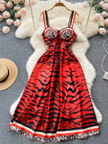 Party Dress Summer Leopard Print Three-dimensional Midi Dresses a Line High Waist Long Robe