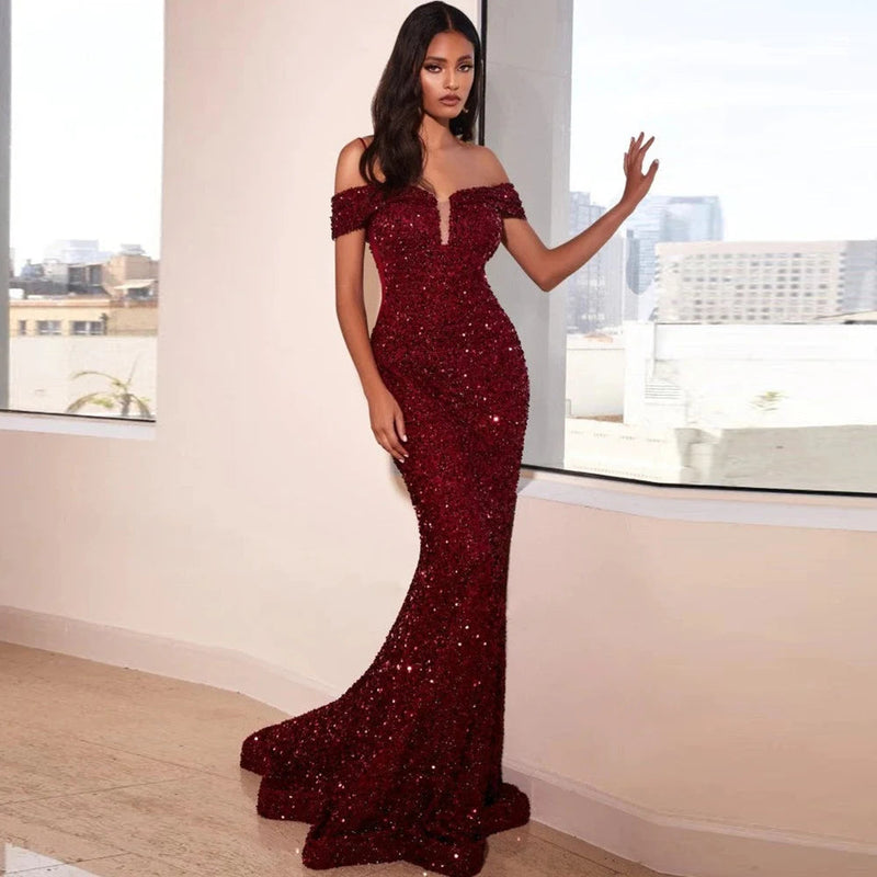 Sequined V-neck Slim Evening Maxi Dress