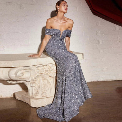 Sequined V-neck Slim Evening Maxi Dress
