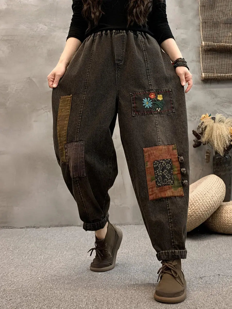 Patch Denim Harem Pants