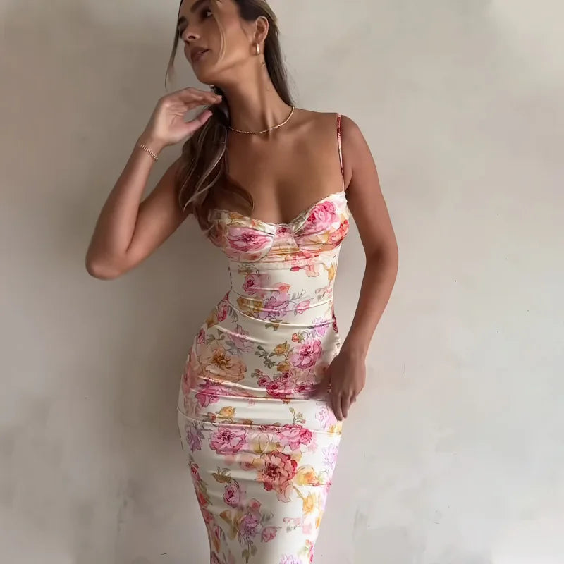 Bodycon Slim-fit Halter Summer Print Traf Fit Midi Dresses