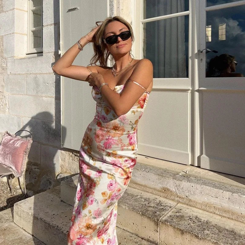 Bodycon Slim-fit Halter Summer Print Traf Fit Midi Dresses