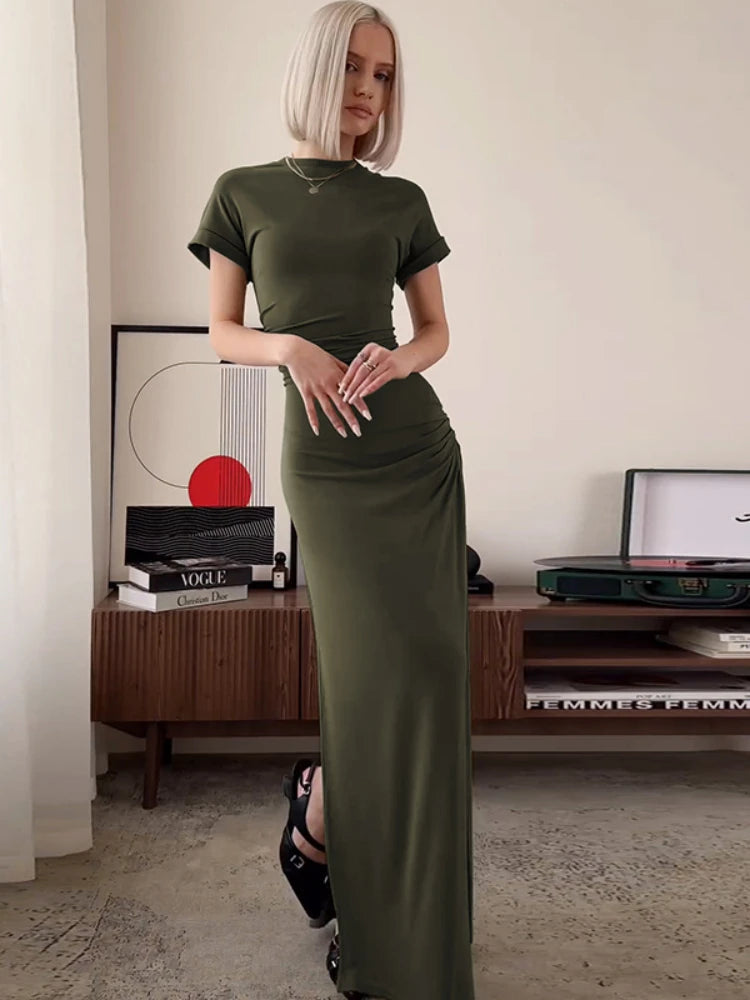 ’s O Neck Maxi Dress Short Sleeve Slim High Waist Shirring Dress Side Slit Evening Club Bodycon Dress Lady