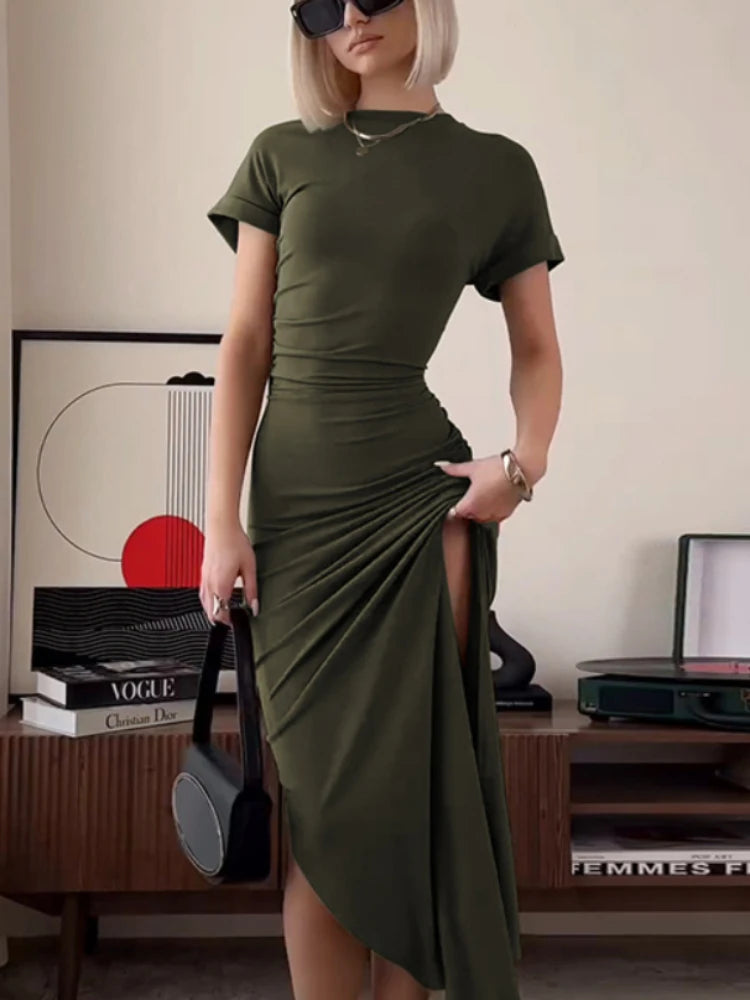 ’s O Neck Maxi Dress Short Sleeve Slim High Waist Shirring Dress Side Slit Evening Club Bodycon Dress Lady