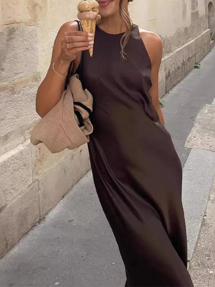 ’s Satin Sleeveless Midi Dress Color O Neck Slim Fit Dresses Female Stylish Street Party Vestido