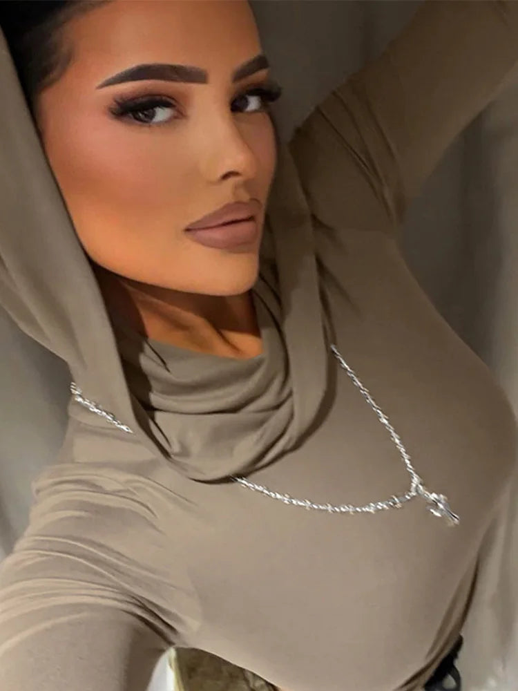 ’s Hooded Crop Tops Autumn Color Long Sleeve Cowl Neck Slim Fit Short T-shirt Sporty Basics Tees