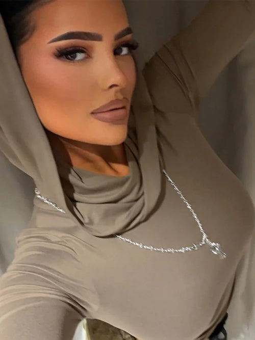 ’s Hooded Crop Tops Autumn Color Long Sleeve Cowl Neck Slim Fit Short T-shirt Sporty Basics Tees