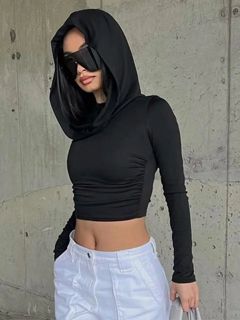 ’s Hooded Crop Tops Autumn Color Long Sleeve Cowl Neck Slim Fit Short T-shirt Sporty Basics Tees