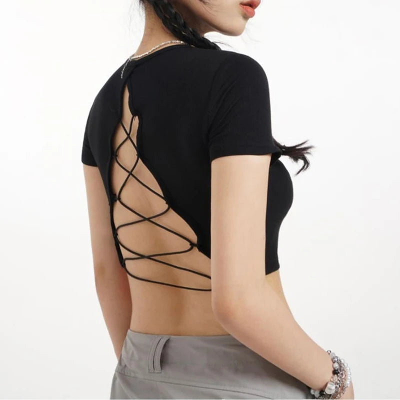’s O-neck Backless T-shirt Short Sleeve Color Crop Top Summer Baby Tee Y2k Clothes Skinny Tunics Tops