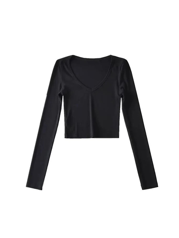 ’s Crop Tops Spring and Autumn Long-sleeved V-neck Cropped Top Bottoming Shirt T-shirt Tops