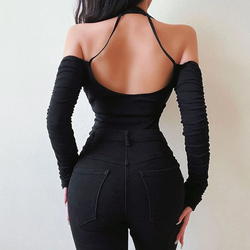 ’s Hollow Bodysuit Long Sleeved Off-shoulder Tops Color Hanging Neck Collar Jumpsuit Bottoming Clothes