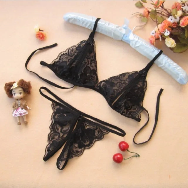 ’s Lingerie Hot Erotic Lingerie Transparent Open File Milk Lace Underwear Bra + T Pants Exotic Apparel