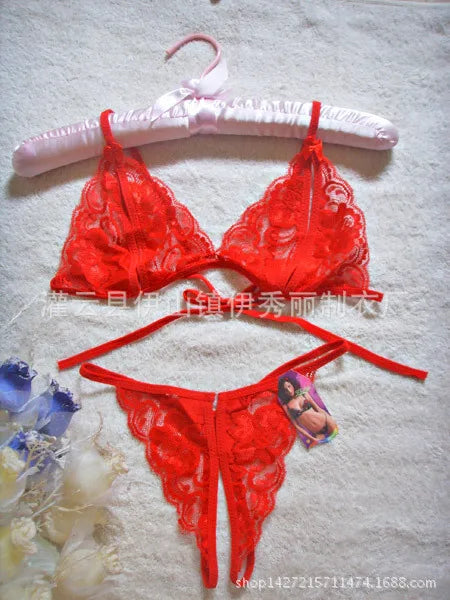 ’s Lingerie Hot Erotic Lingerie Transparent Open File Milk Lace Underwear Bra + T Pants Exotic Apparel
