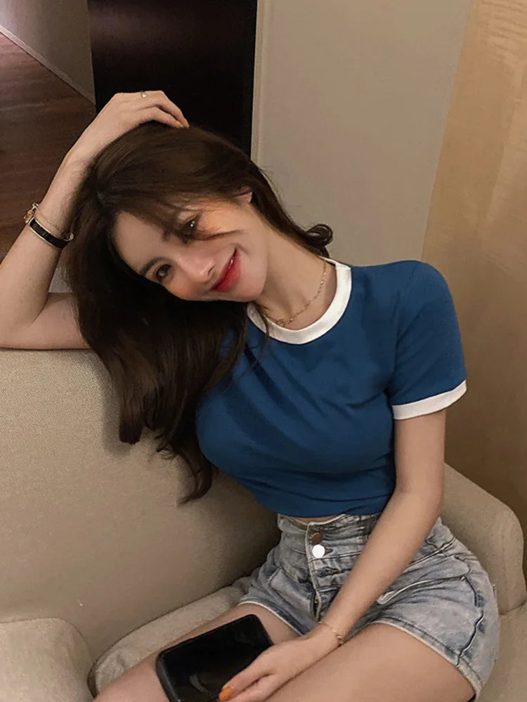 ’s Short Sleeve Crop Top O-neck T-shirt Henley Shirts Short Sleeve Blouse Color Ribbed Blouse