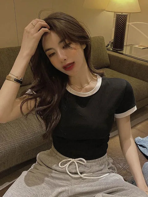 ’s Short Sleeve Crop Top O-neck T-shirt Henley Shirts Short Sleeve Blouse Color Ribbed Blouse
