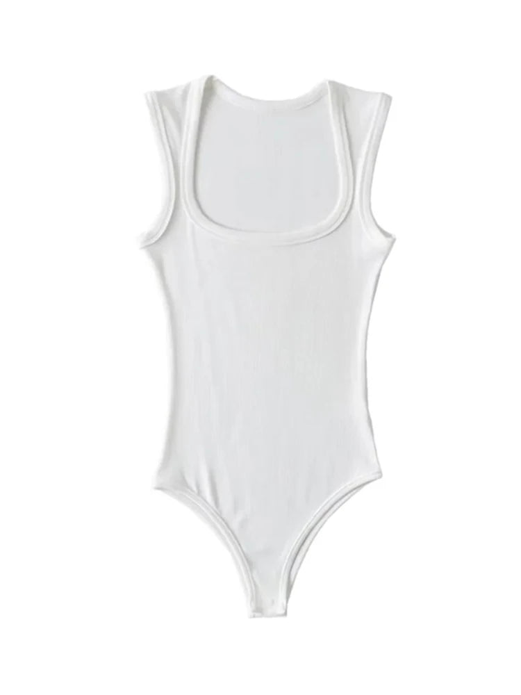 ’s Slim Square Collar Sleeveless Bodysuit Shoulder Vest Jumpsuit Backless Pullover Top