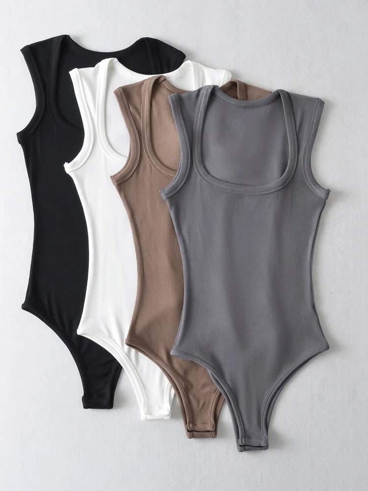 ’s Slim Square Collar Sleeveless Bodysuit Shoulder Vest Jumpsuit Backless Pullover Top