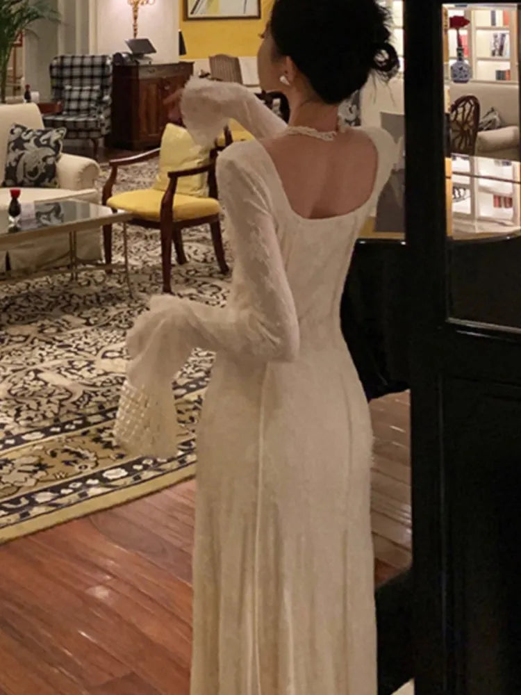 ’s Midi Dress Flare Sleeves Square Collar A-line Lace Up Autumn Spring French Prom Robe Vestidos New