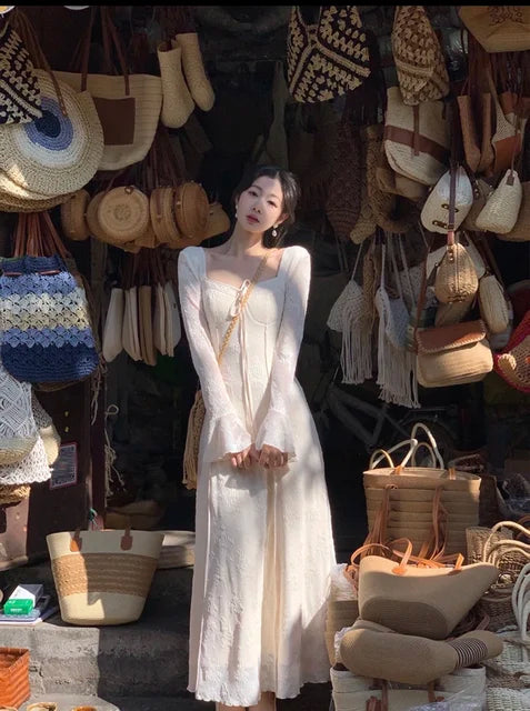 ’s Midi Dress Flare Sleeves Square Collar A-line Lace Up Autumn Spring French Prom Robe Vestidos New