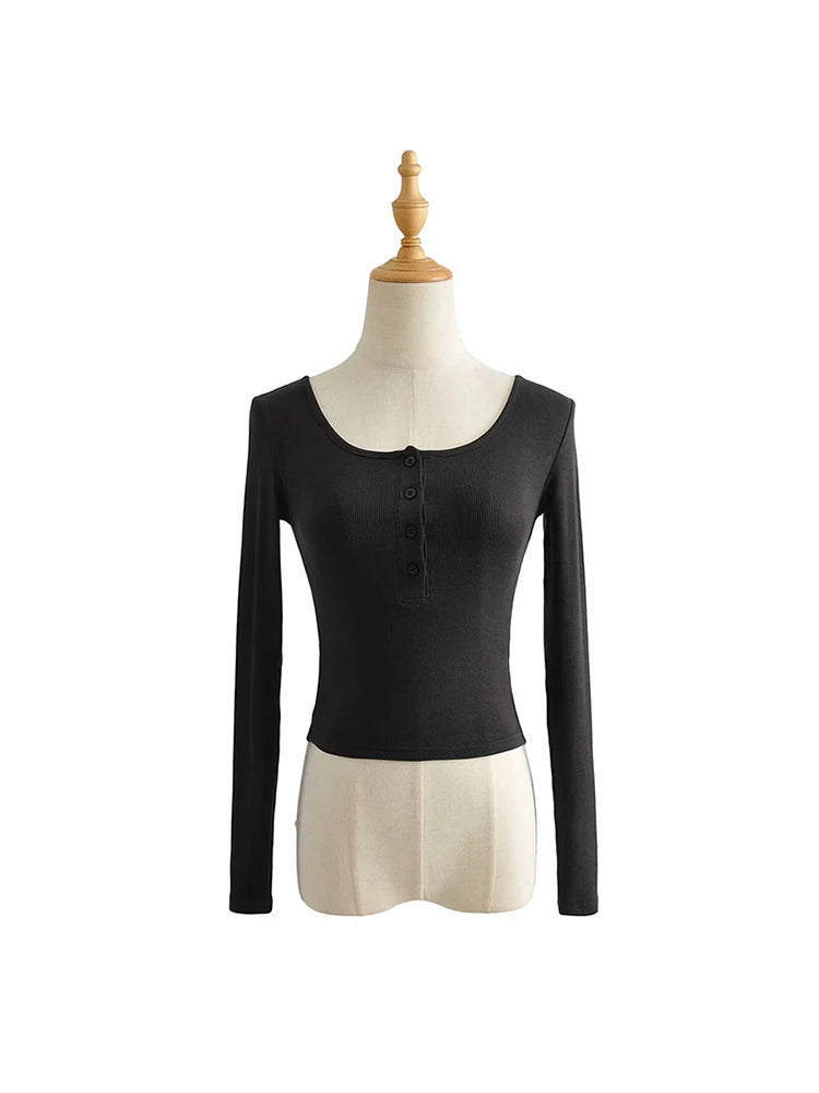 ’s Spring Autumn Slim Crop Tops Color Long Sleeve Button Down T-shirt Basic Tee Harajuku Tops
