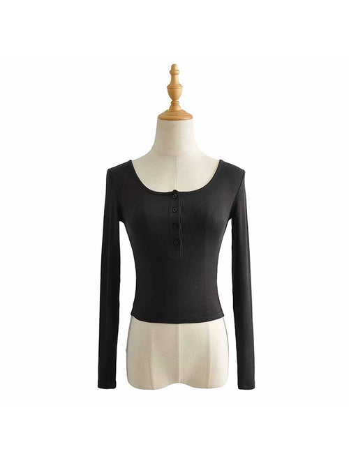 ’s Spring Autumn Slim Crop Tops Color Long Sleeve Button Down T-shirt Basic Tee Harajuku Tops