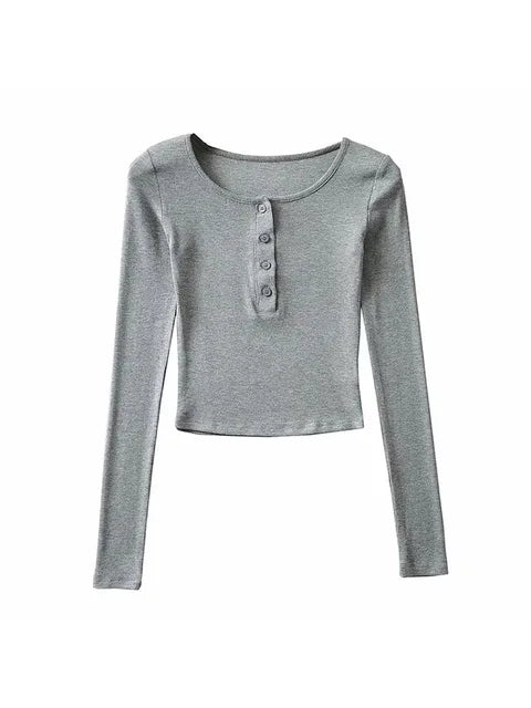 ’s Spring Autumn Slim Crop Tops Color Long Sleeve Button Down T-shirt Basic Tee Harajuku Tops