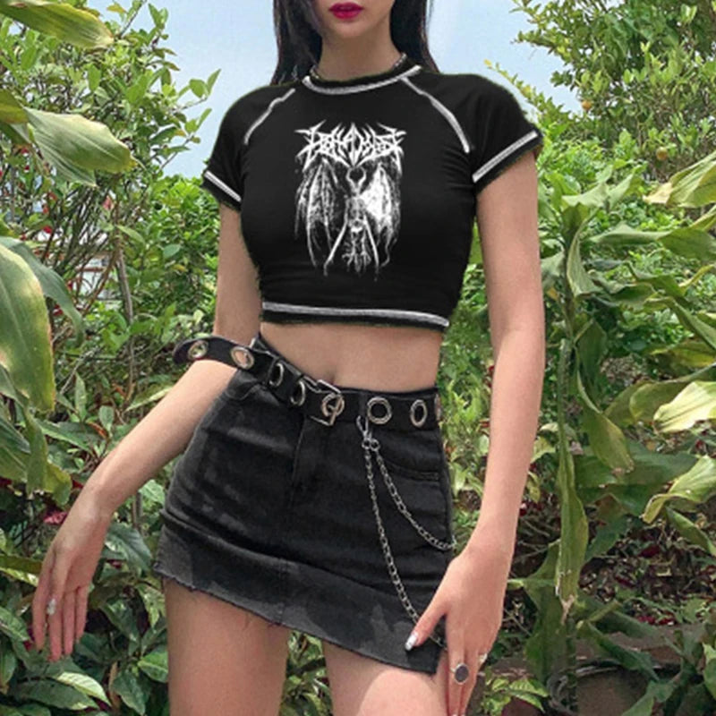 ’s T-shirt Harajuku Crop Top Harajuku Retro Korean Black Demon Punk Gothic Anime Print Clothes Slim Anime