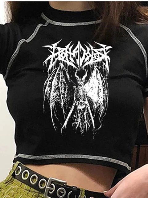 ’s T-shirt Harajuku Crop Top Harajuku Retro Korean Black Demon Punk Gothic Anime Print Clothes Slim Anime