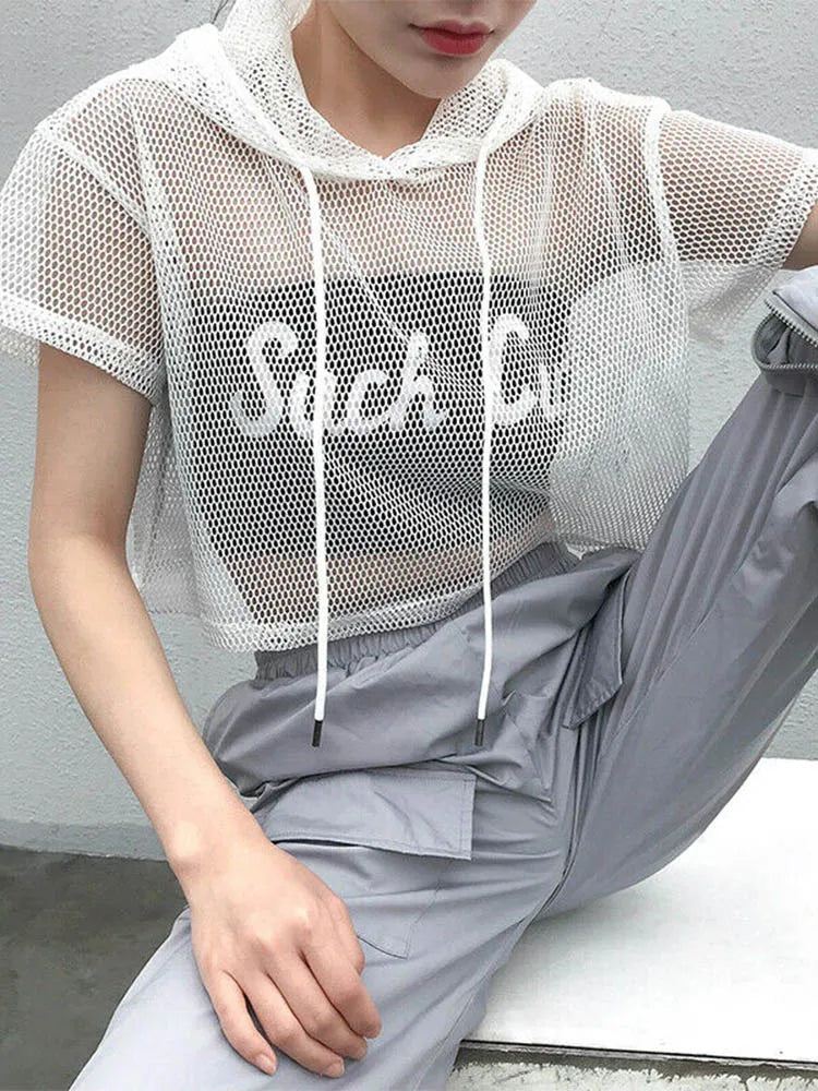 Hollow Mesh Net Hooded T-shirt Short Sleeve Tee Tops Transparent Black Swxy Clubwear Party