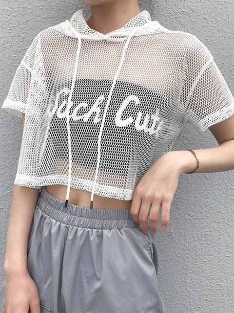 Hollow Mesh Net Hooded T-shirt Short Sleeve Tee Tops Transparent Black Swxy Clubwear Party
