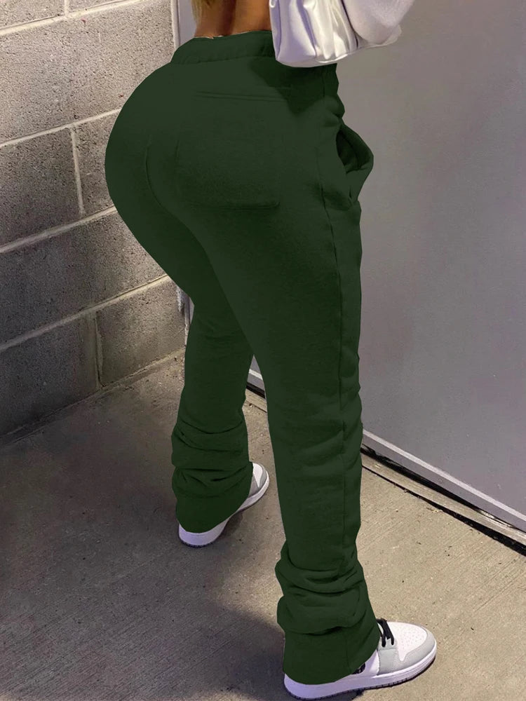 Stacked High Waist Winter Fleece Black Flare Workout Active Pants