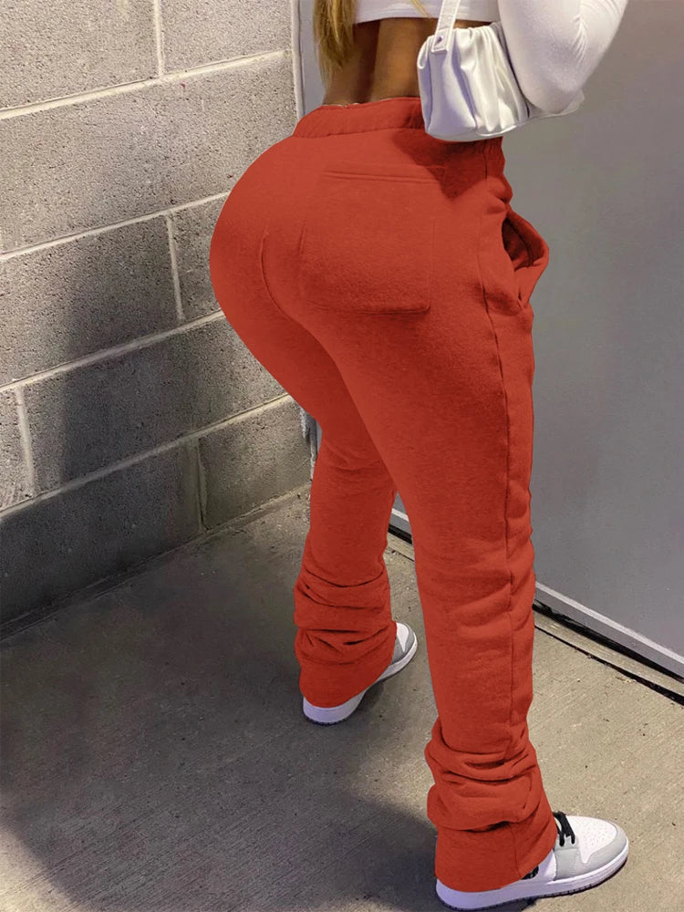 Stacked High Waist Winter Fleece Black Flare Workout Active Pants