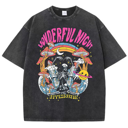 Wonderful Night Skeleton Butterfly Wave Print T-shirts Oversized Tops Street Comfortable Clothing Loose Wash Tee